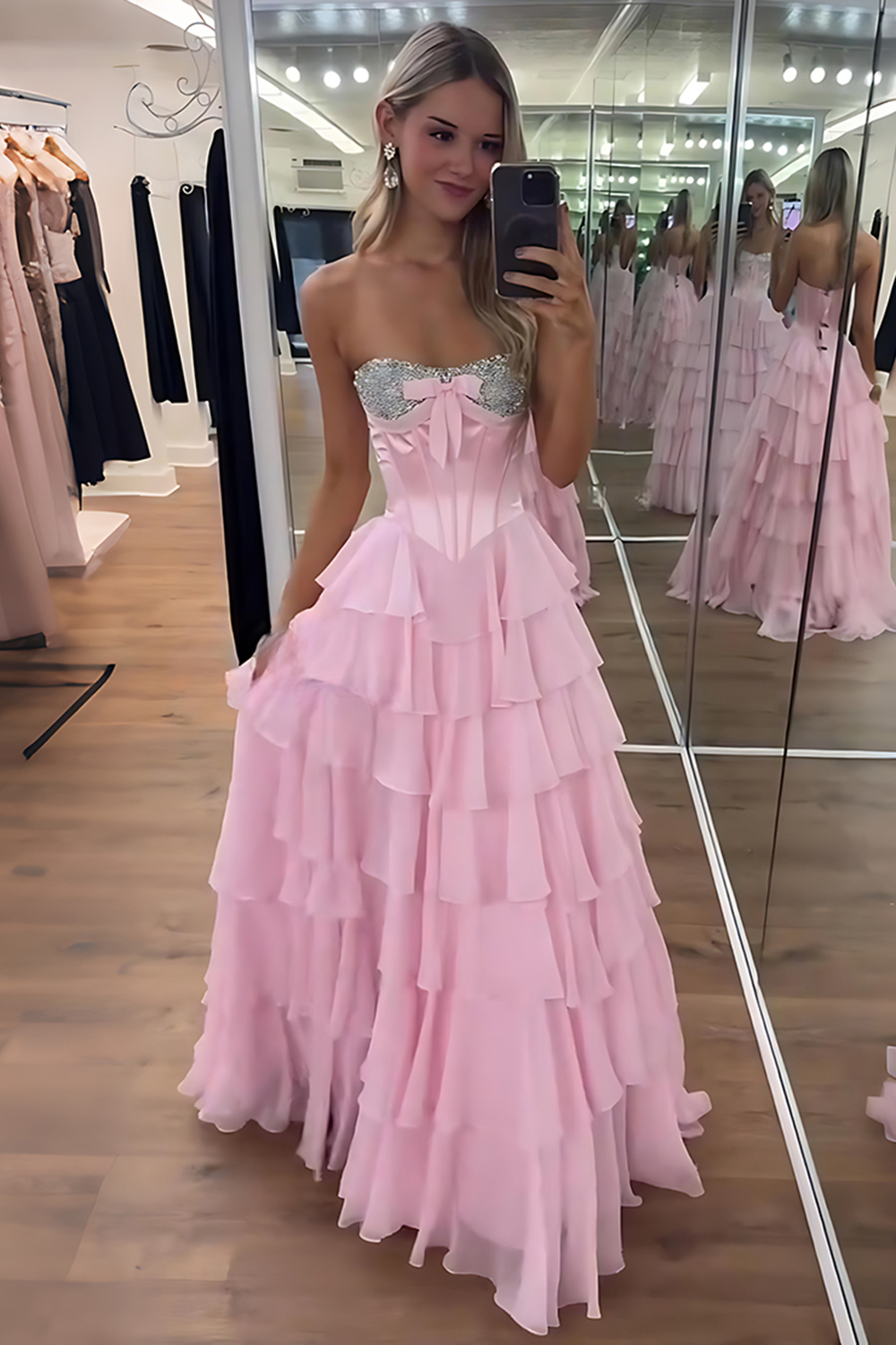 Sparkly Blue A-Line Strapless Tiered Long Corset Prom Dress with Slit