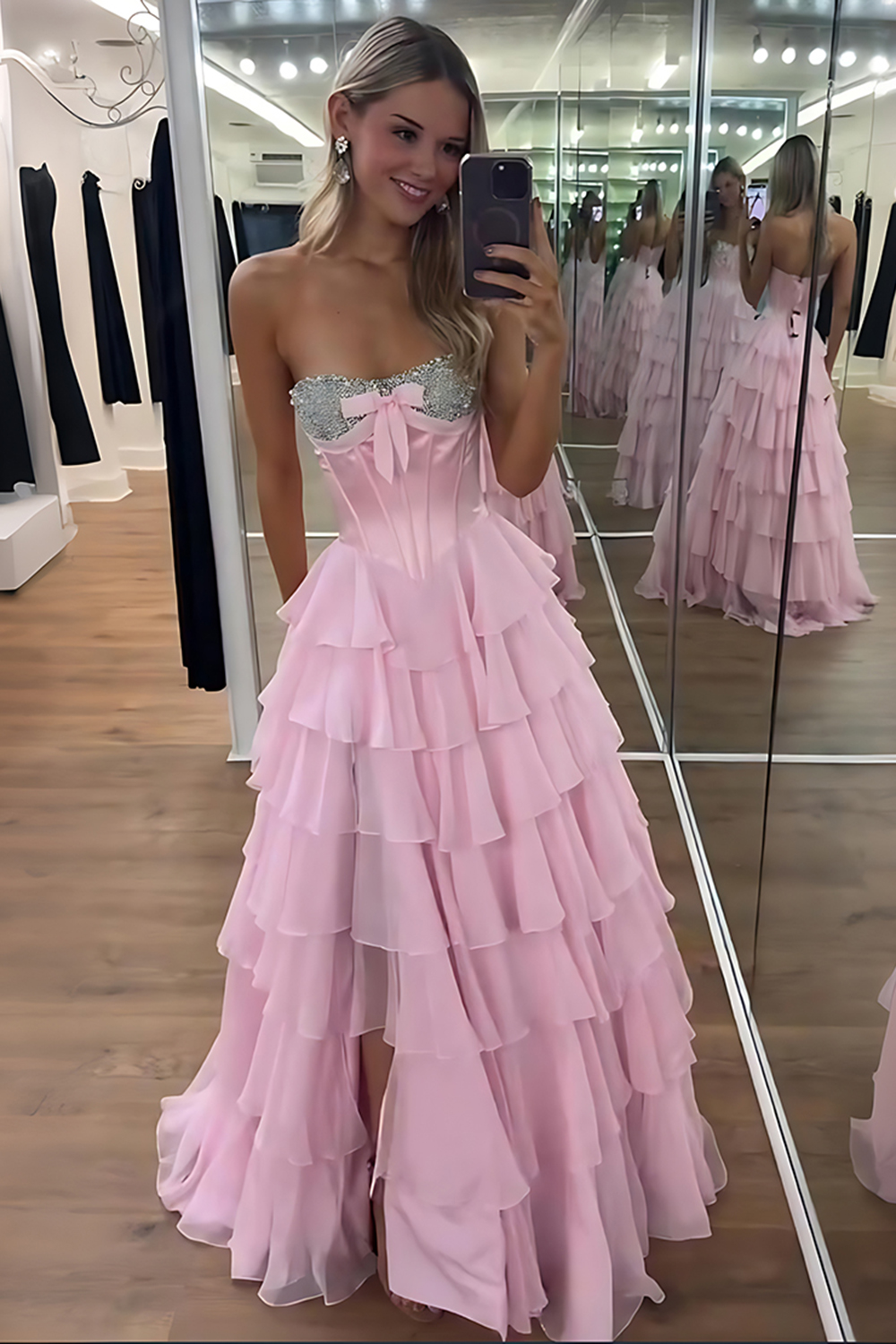 Sparkly Blue A-Line Strapless Tiered Long Corset Prom Dress with Slit