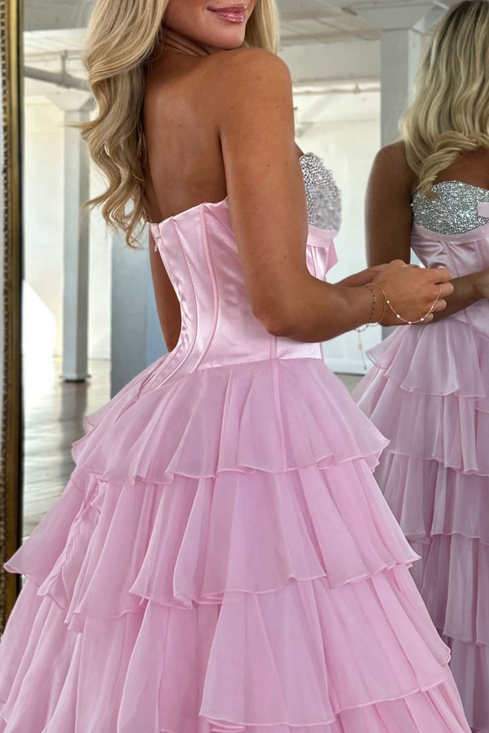 Sparkly Blue A-Line Strapless Tiered Long Corset Prom Dress with Slit