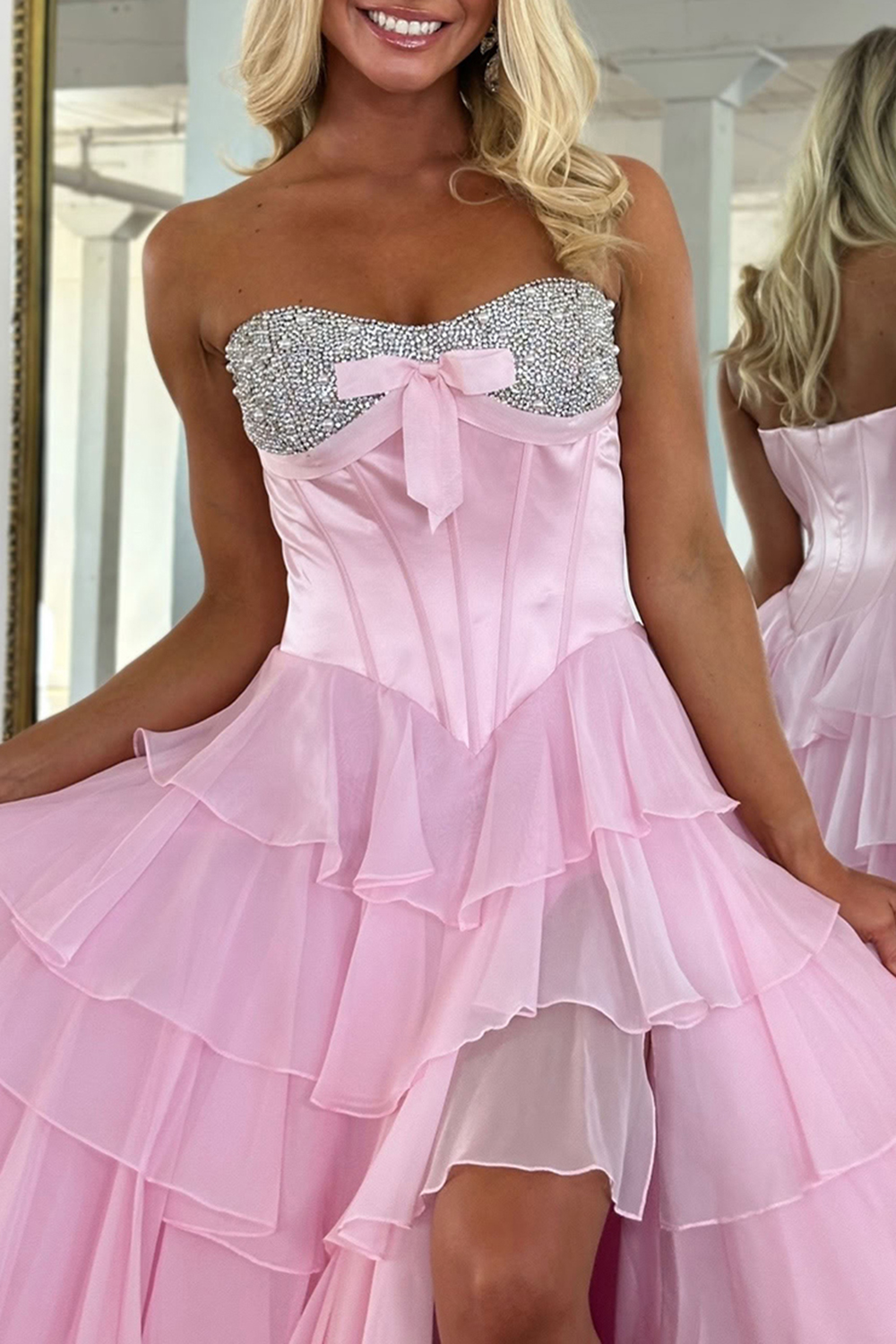 Sparkly Blue A-Line Strapless Tiered Long Corset Prom Dress with Slit