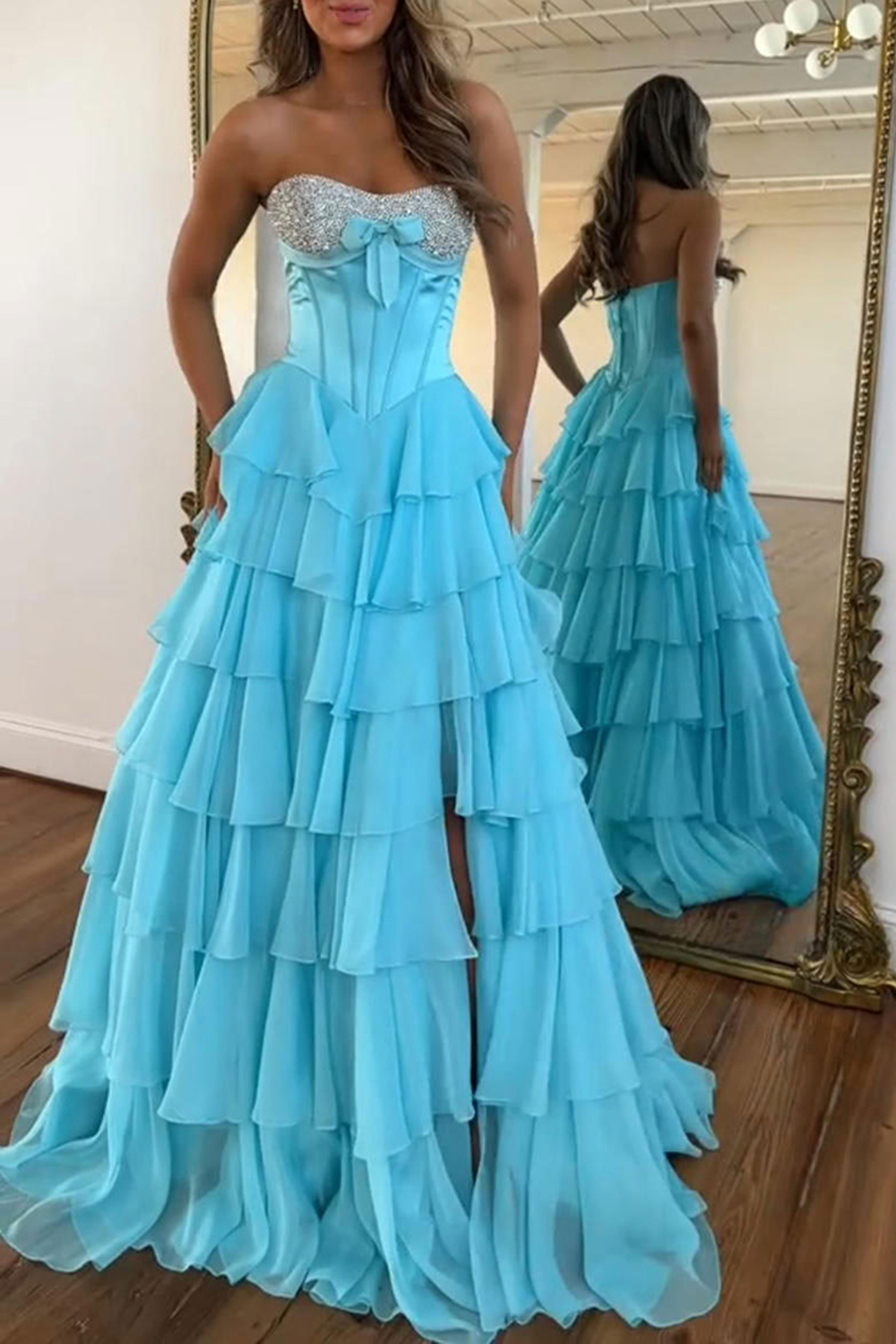 Sparkly Blue A-Line Strapless Tiered Long Corset Prom Dress with Slit