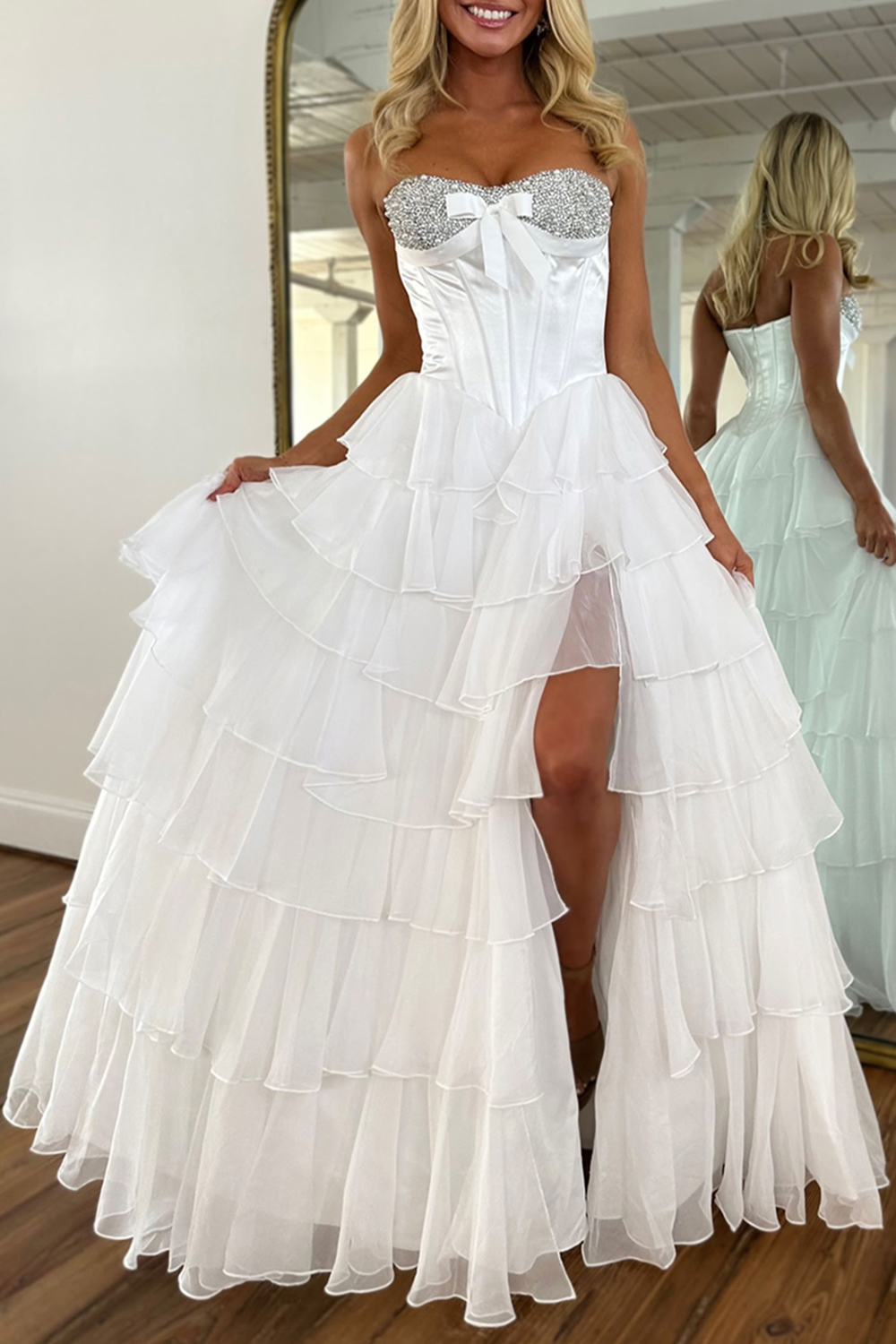 Sparkly Blue A-Line Strapless Tiered Long Corset Prom Dress with Slit