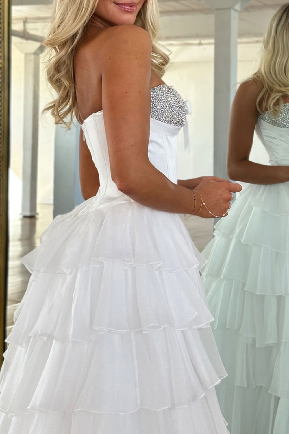 Sparkly Blue A-Line Strapless Tiered Long Corset Prom Dress with Slit