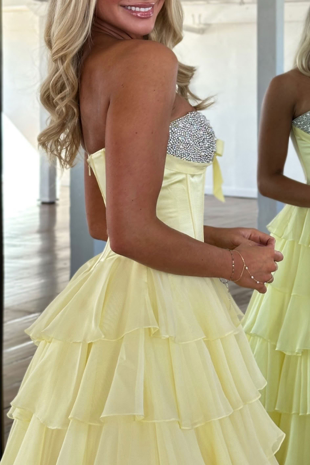 Sparkly Blue A-Line Strapless Tiered Long Corset Prom Dress with Slit