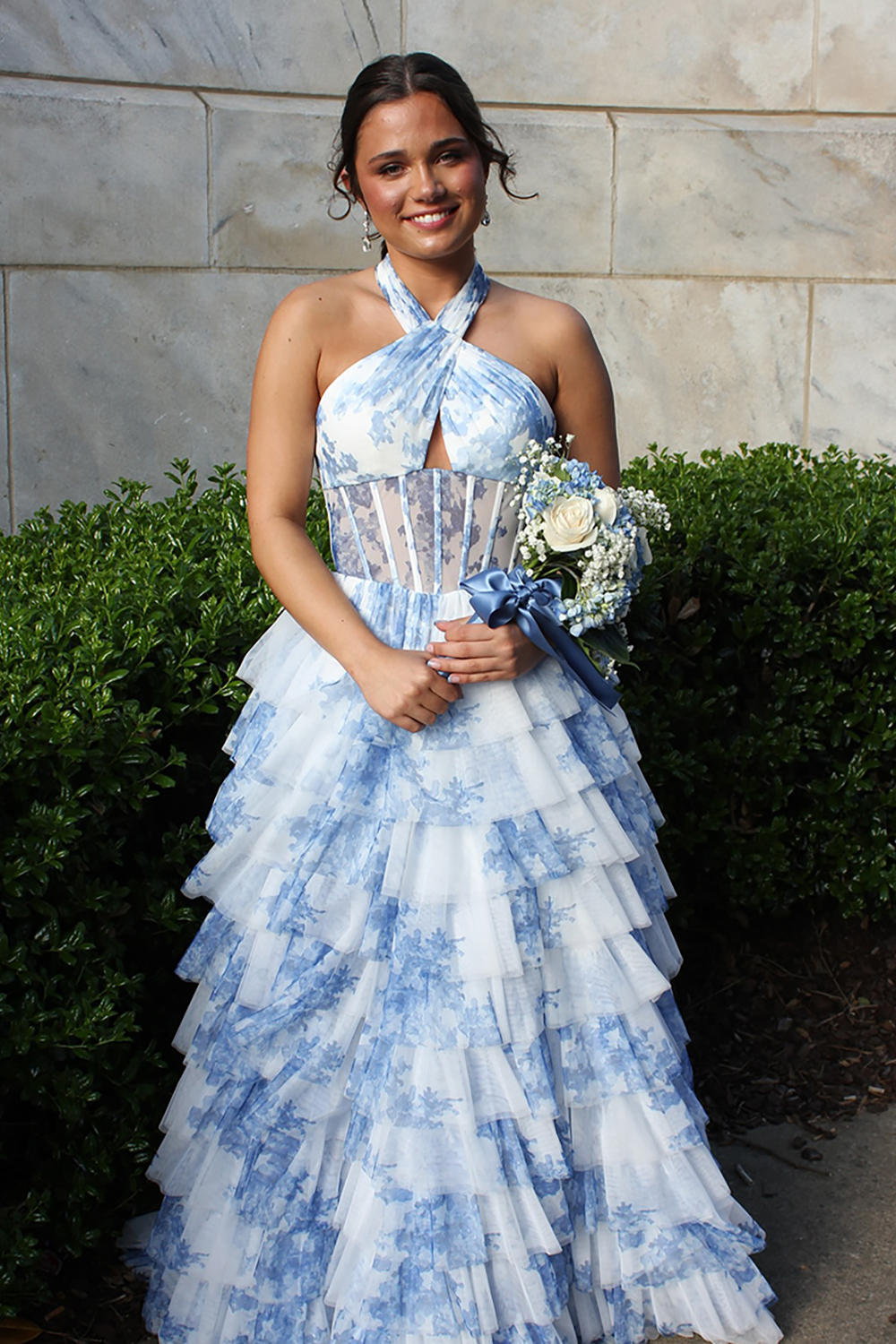 White Blue Flower Halter Corset Tiered Long Prom Dress with Ruffles