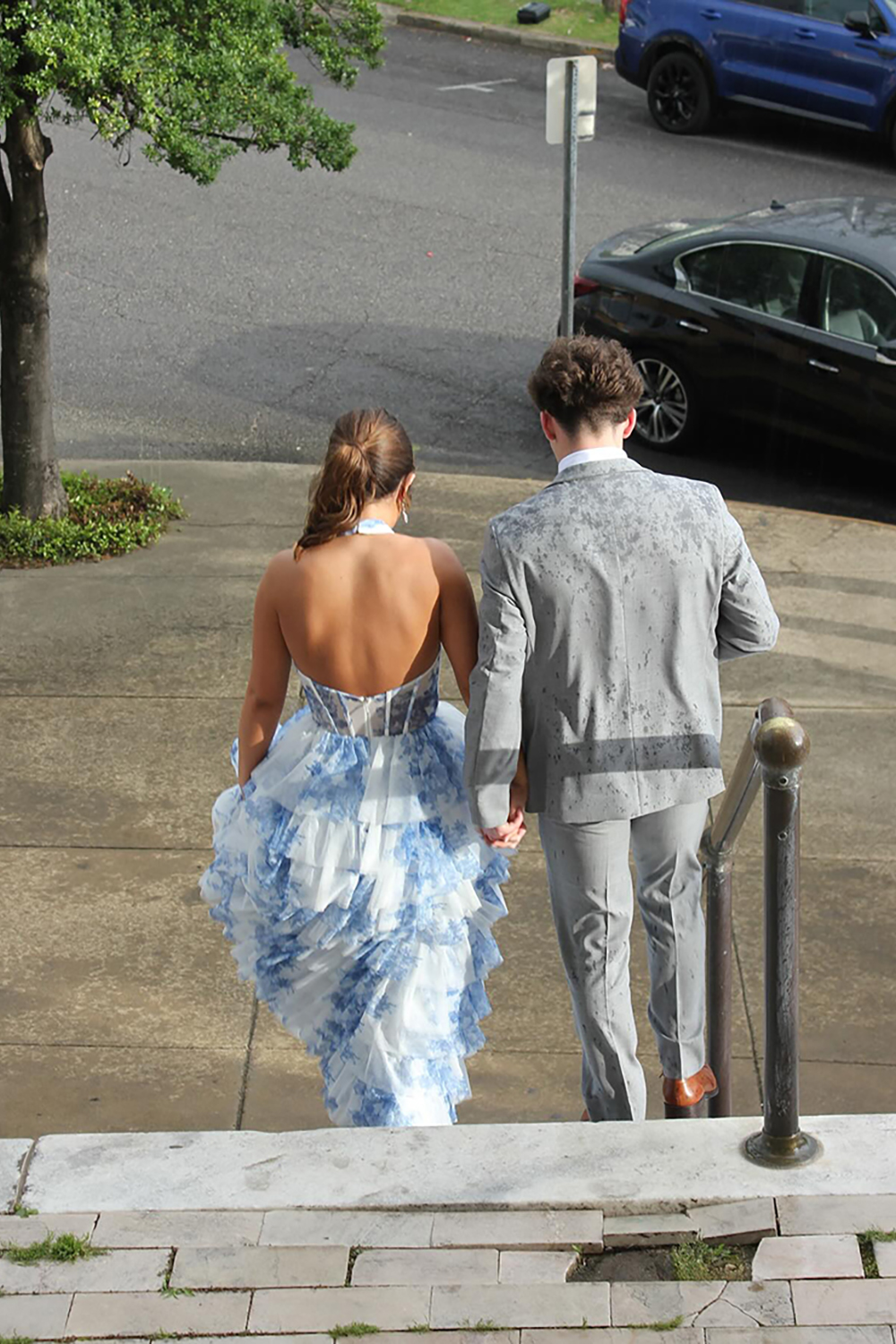 White Blue Flower Halter Corset Tiered Long Prom Dress with Ruffles