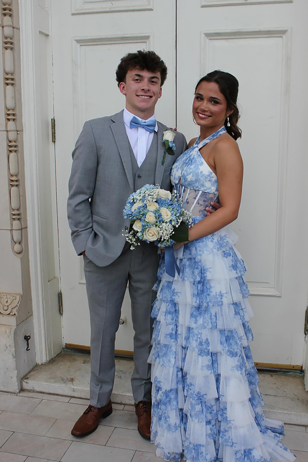 White Blue Flower Halter Corset Tiered Long Prom Dress with Ruffles