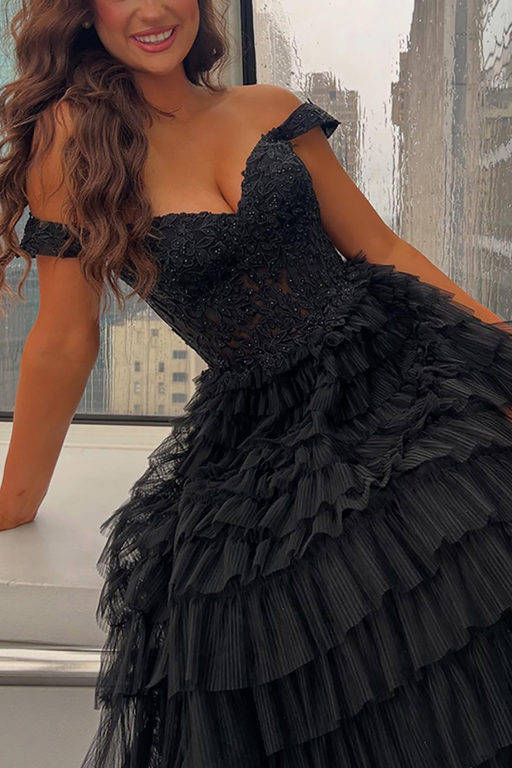 Sparkly Black Off the Shoulder Ruffled Corset Long Prom Dress with Slit