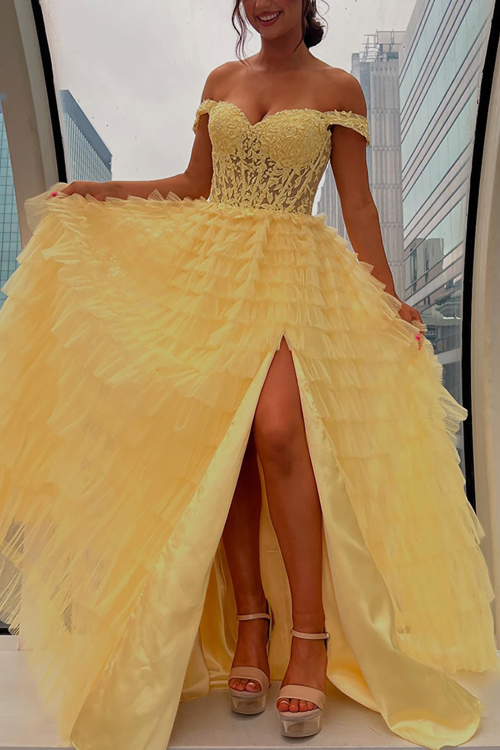 Sparkly Black Off the Shoulder Ruffled Corset Long Prom Dress with Slit