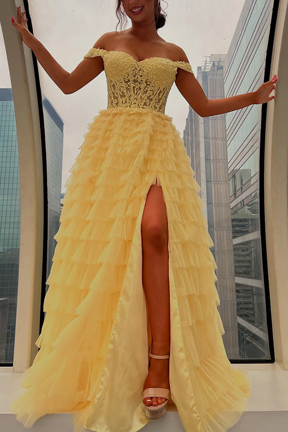 Sparkly Black Off the Shoulder Ruffled Corset Long Prom Dress with Slit