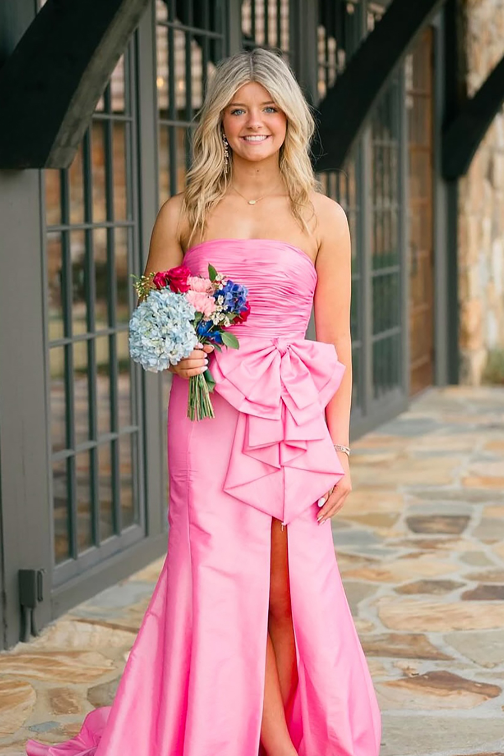 Pink Ruffled Mermaid Strapless Long Prom Dress with Bow