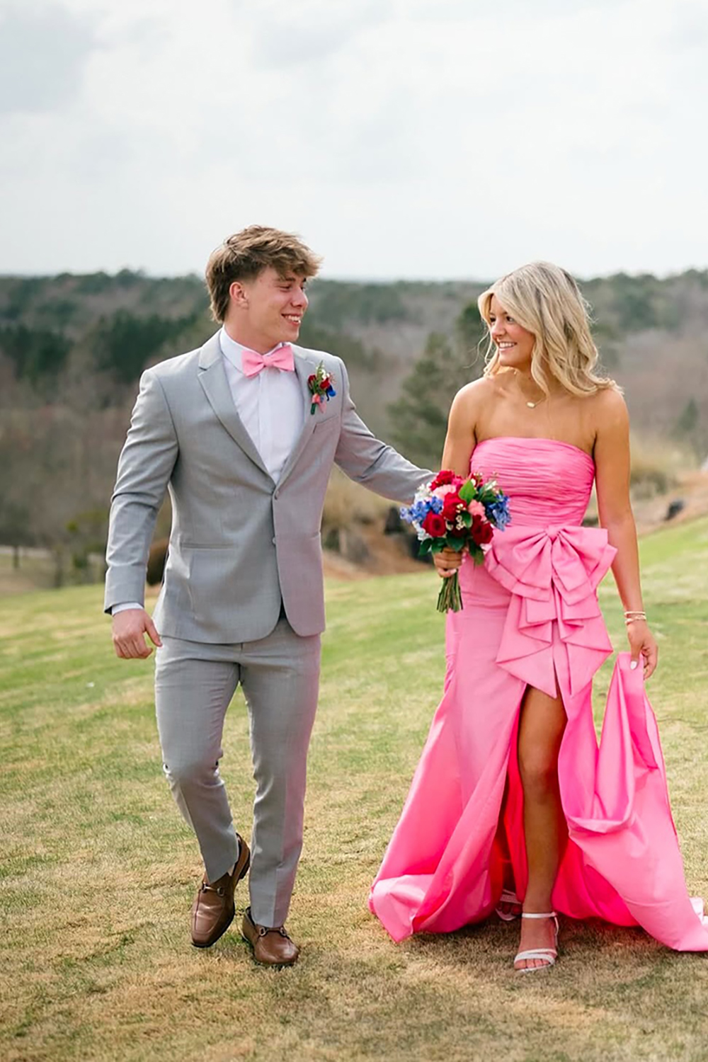 Pink Ruffled Mermaid Strapless Long Prom Dress with Bow