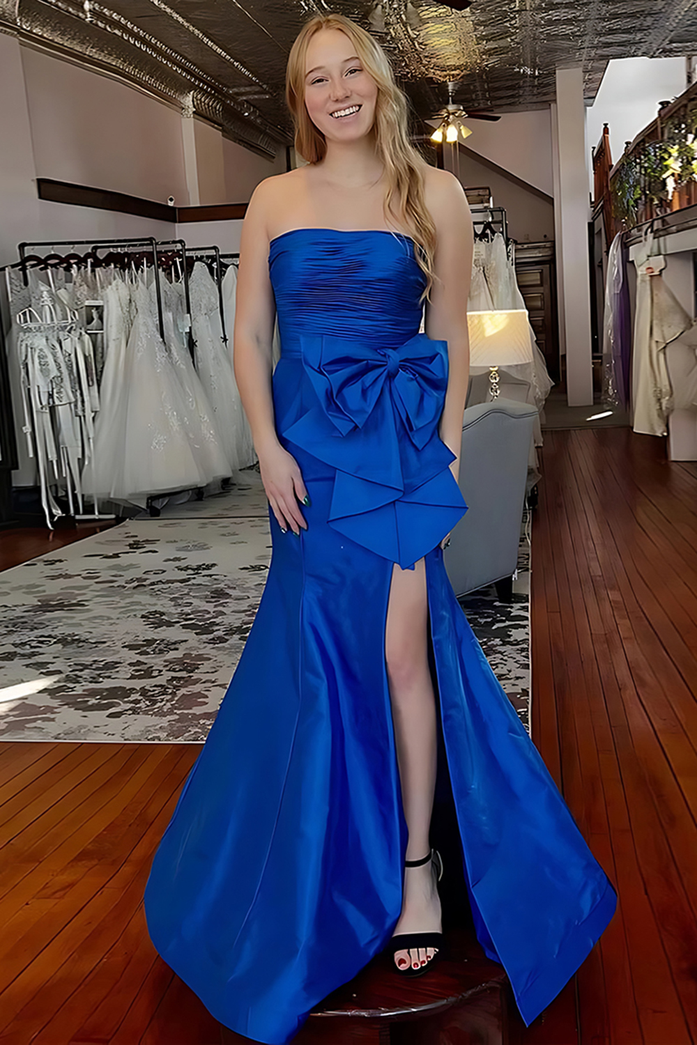 Pink Strapless Mermaid Ruched Long Prom Dress with Slit