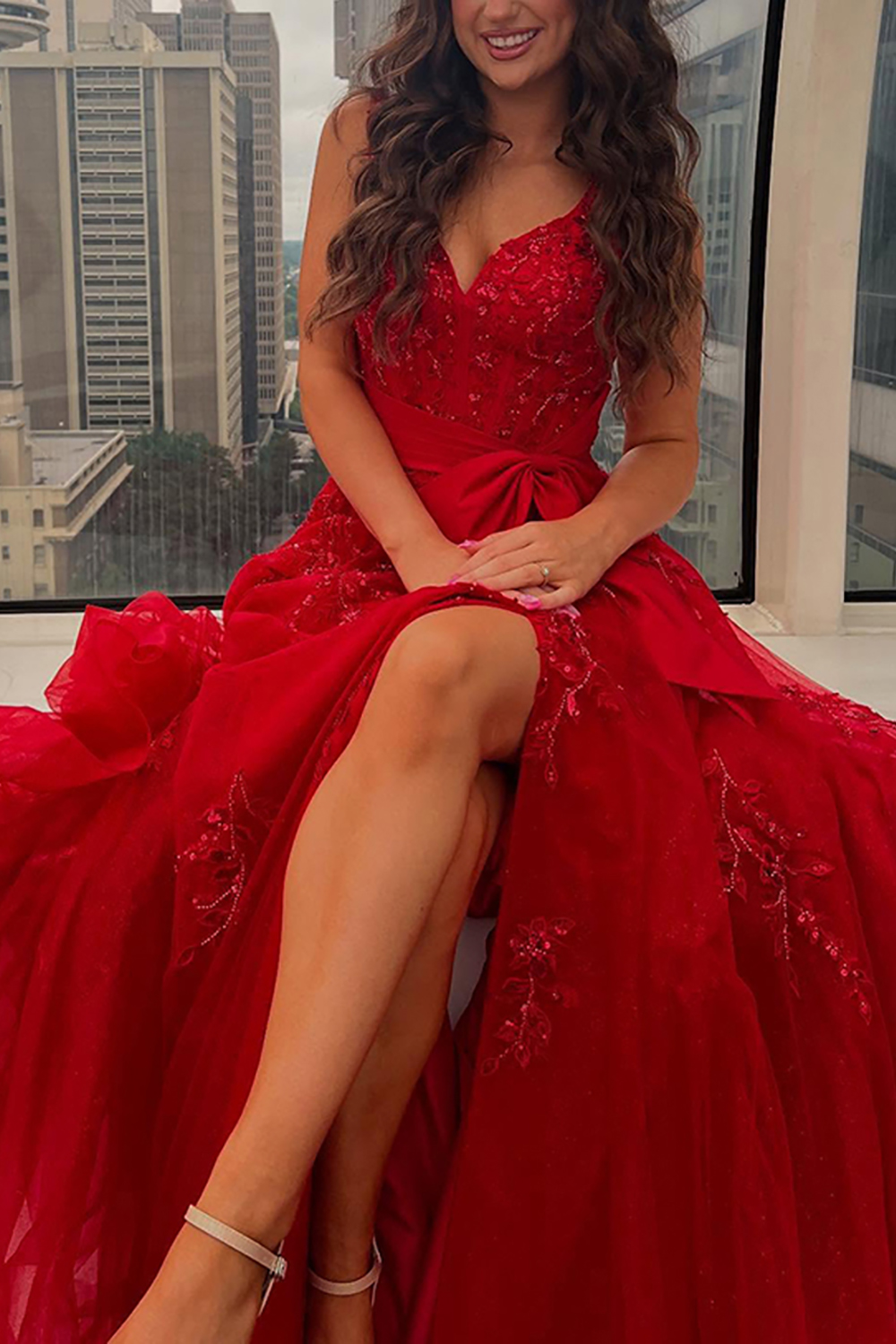 Sparkly Red Beaded Corset A Line Long Prom Dress with Bow