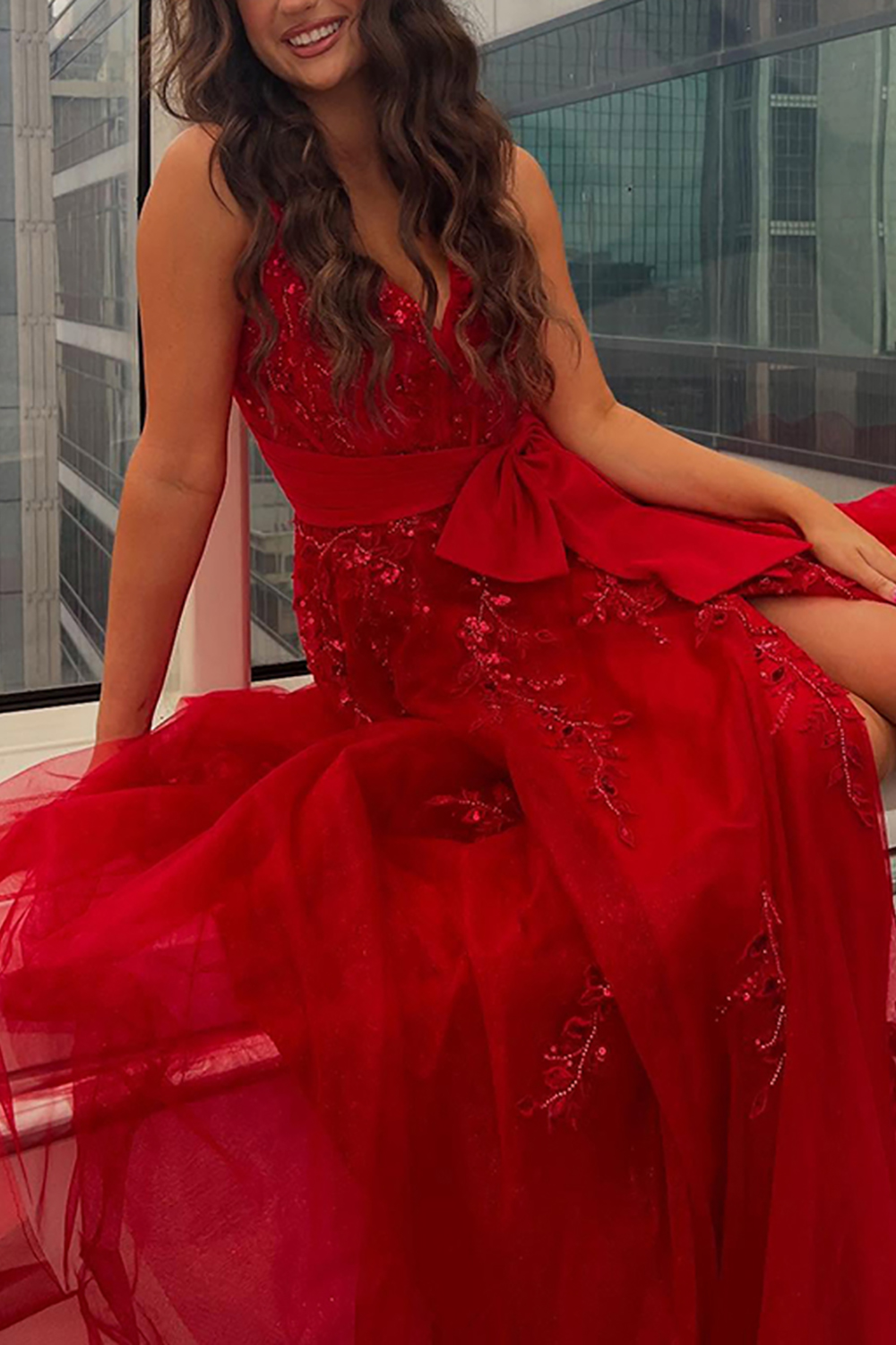 Sparkly Red Beaded Corset A Line Long Prom Dress with Bow