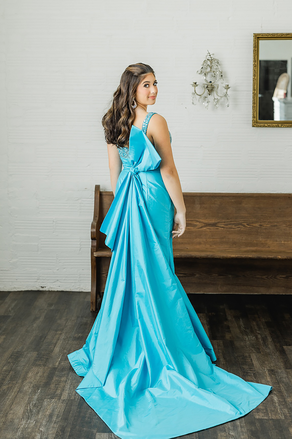 Sparkly Peacock Blue Beaded Mermaid Long Prom Dress with Bow