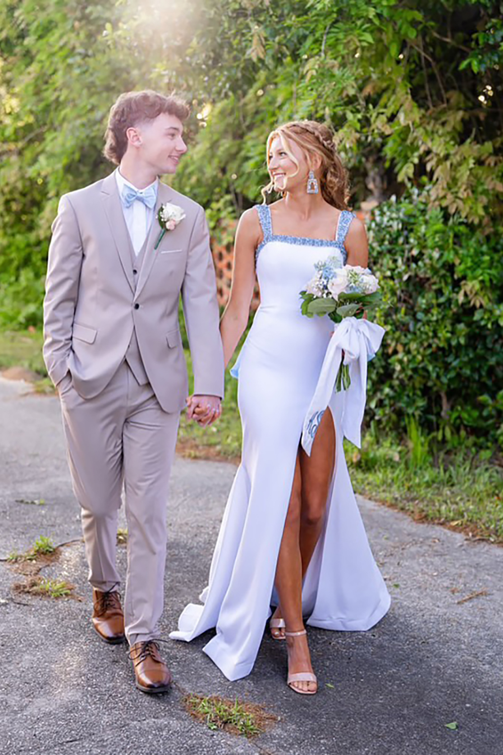 Sparkly White Beaded Mermaid Square Neck Long Prom Dress with Bow