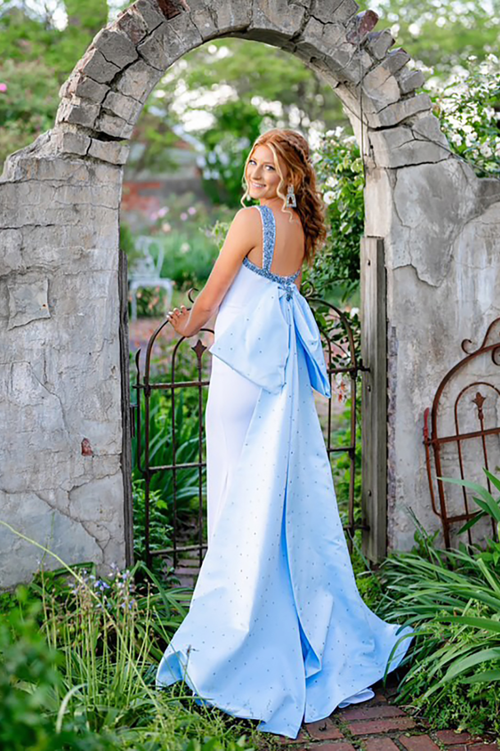 Sparkly White Beaded Mermaid Square Neck Long Prom Dress with Bow