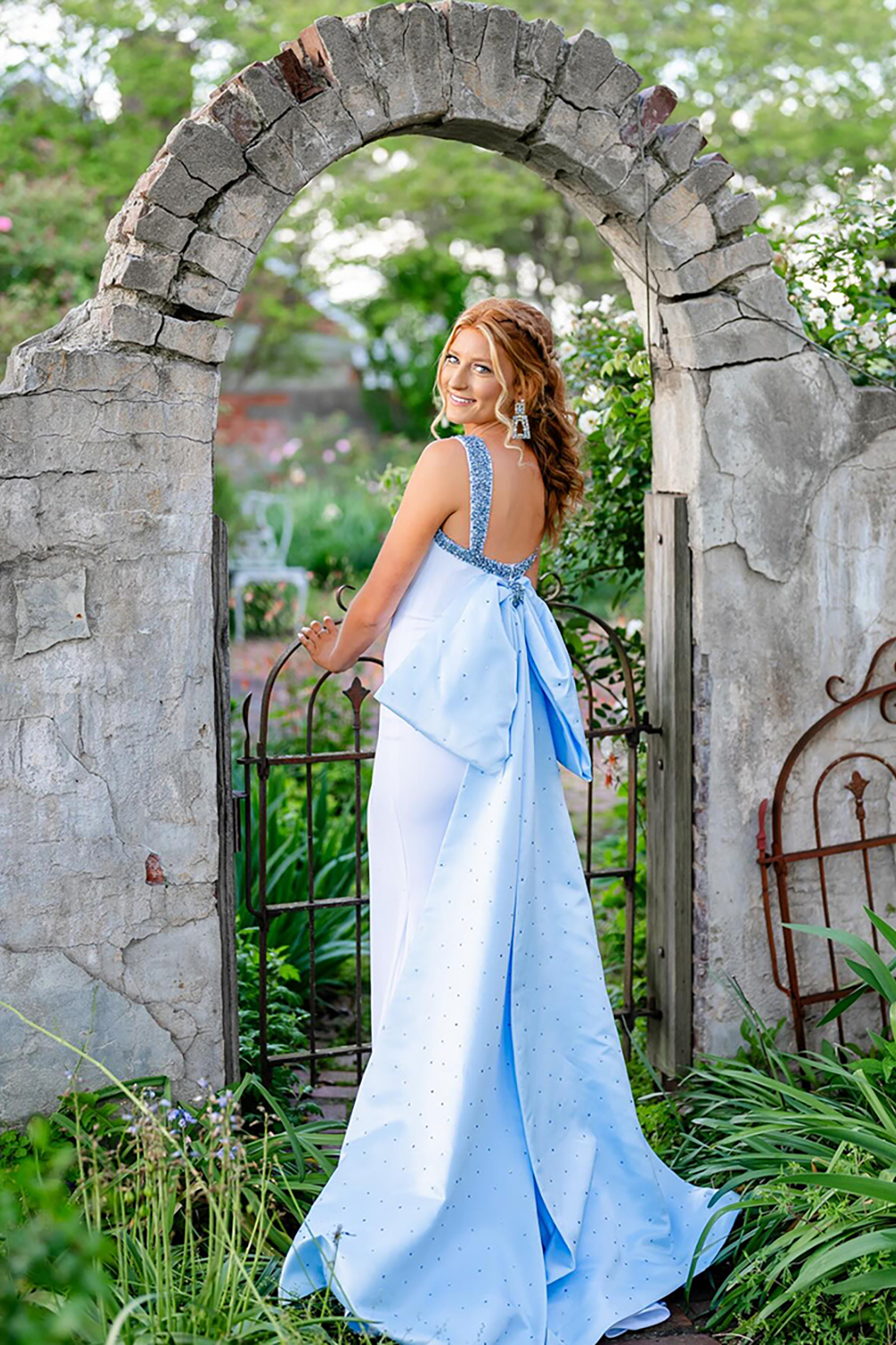 Sparkly White Beaded Mermaid Square Neck Long Prom Dress with Bow