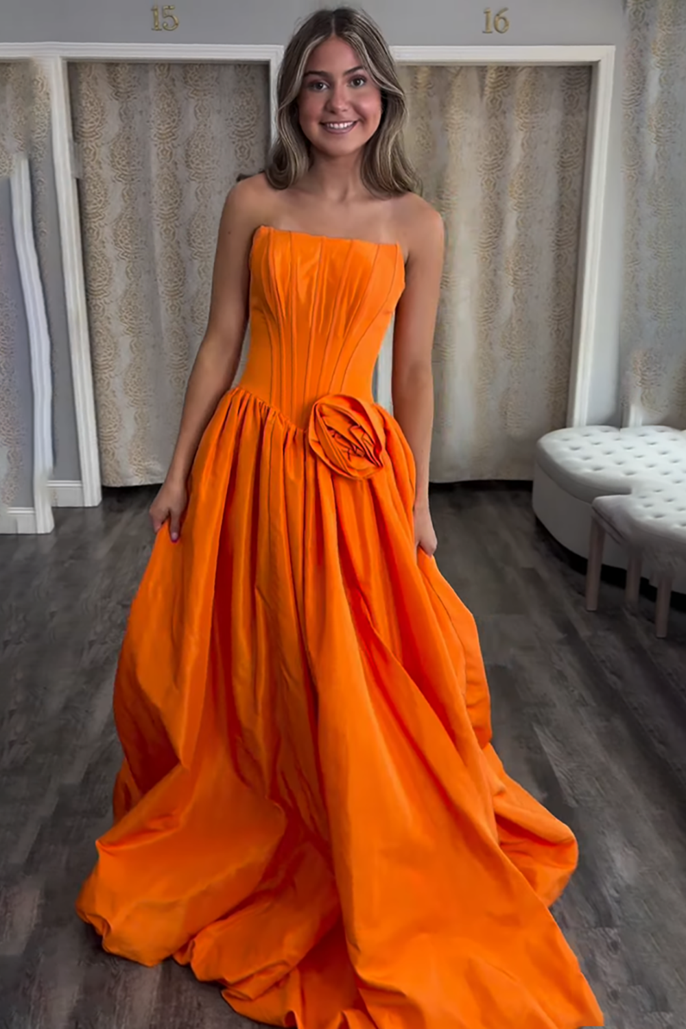 Floral Orange Corset Strapless A Line Long Prom Dress