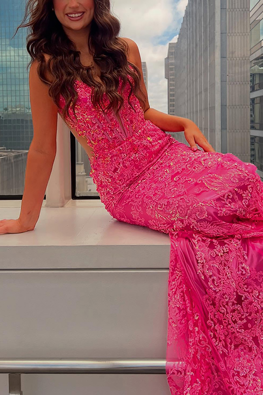 Sparkly Fuchsia Mermaid Lace Corset Long Prom Dress with Beading