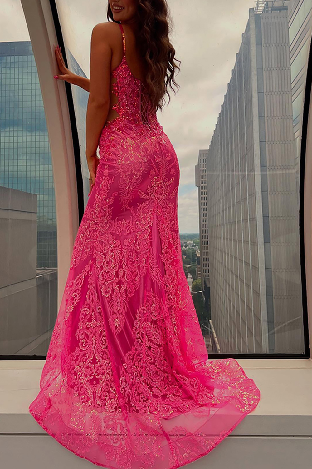 Sparkly Fuchsia Mermaid Lace Corset Long Prom Dress with Beading