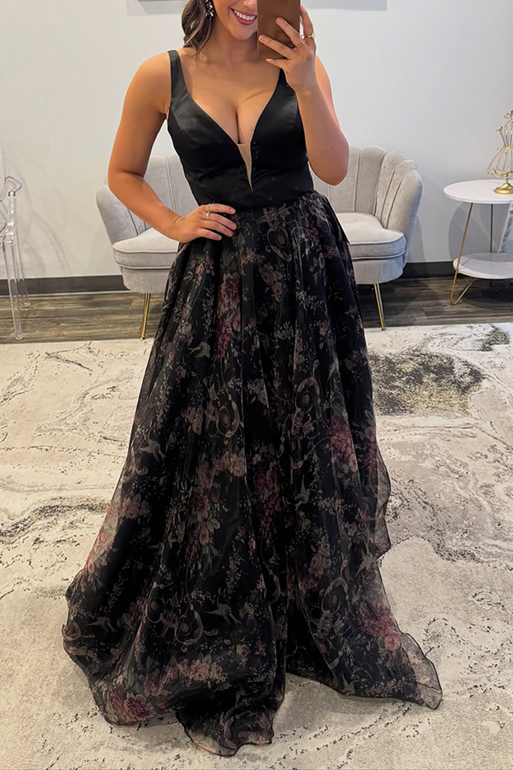 Black Floral V-Neck A Line Long Prom Dress
