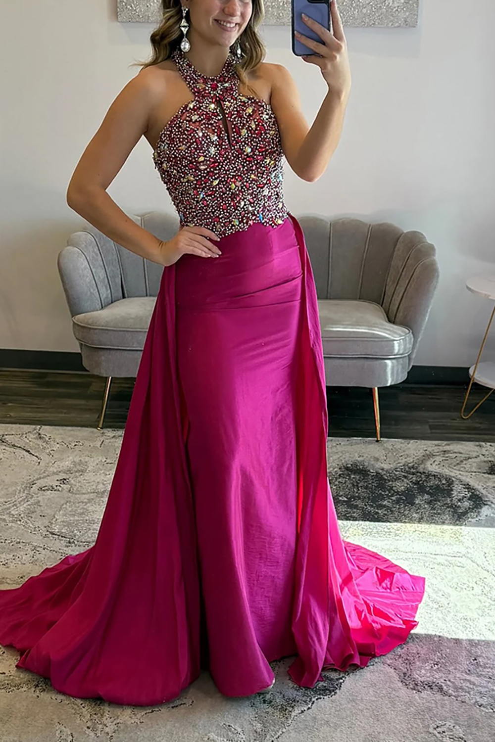 Sparkly Fuchsia Mermaid Beaded Halter Long Prom Dress with Cape