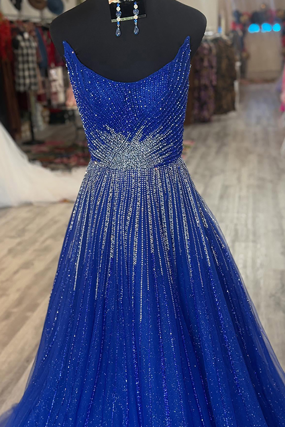 Sparkly Royal Blue A Line Strapless Long Prom Dress with Beading