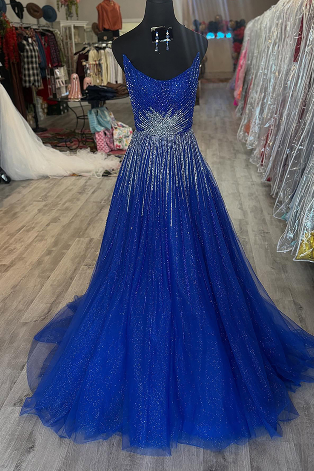 Sparkly Royal Blue A Line Strapless Long Prom Dress with Beading