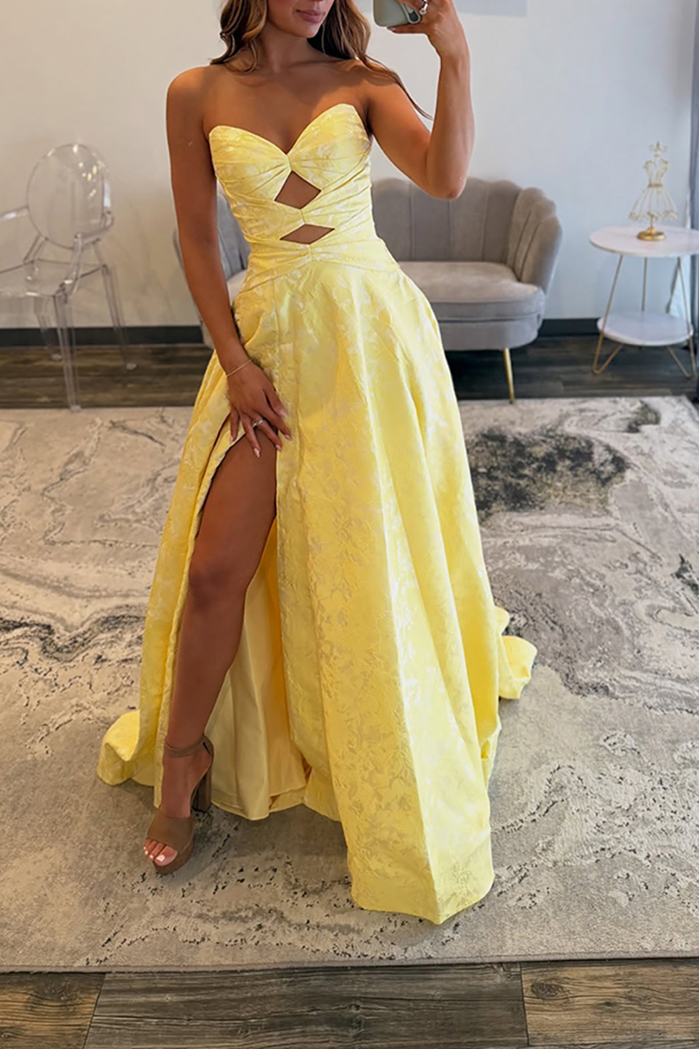 Yellow Sweetheart Keyhole A Line Long Prom Dress with Slit