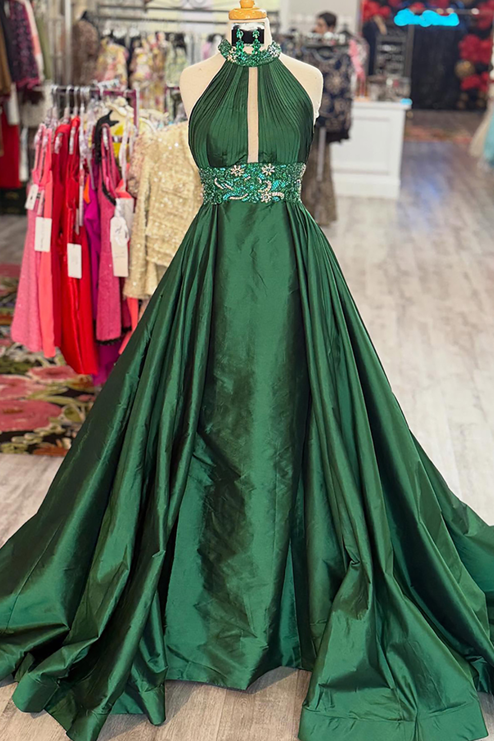 Sparkly Green Satin Beaded Mermaid Long Prom Dress with Cape