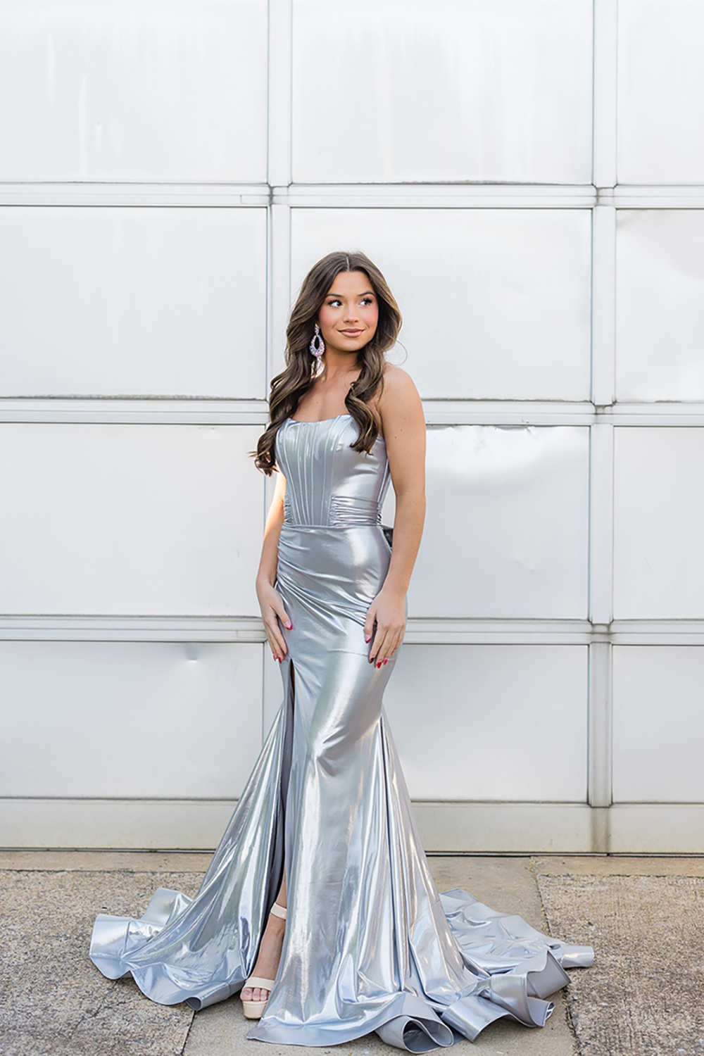 Silver Corset Mermaid Metallic Long Prom Dress with Slit