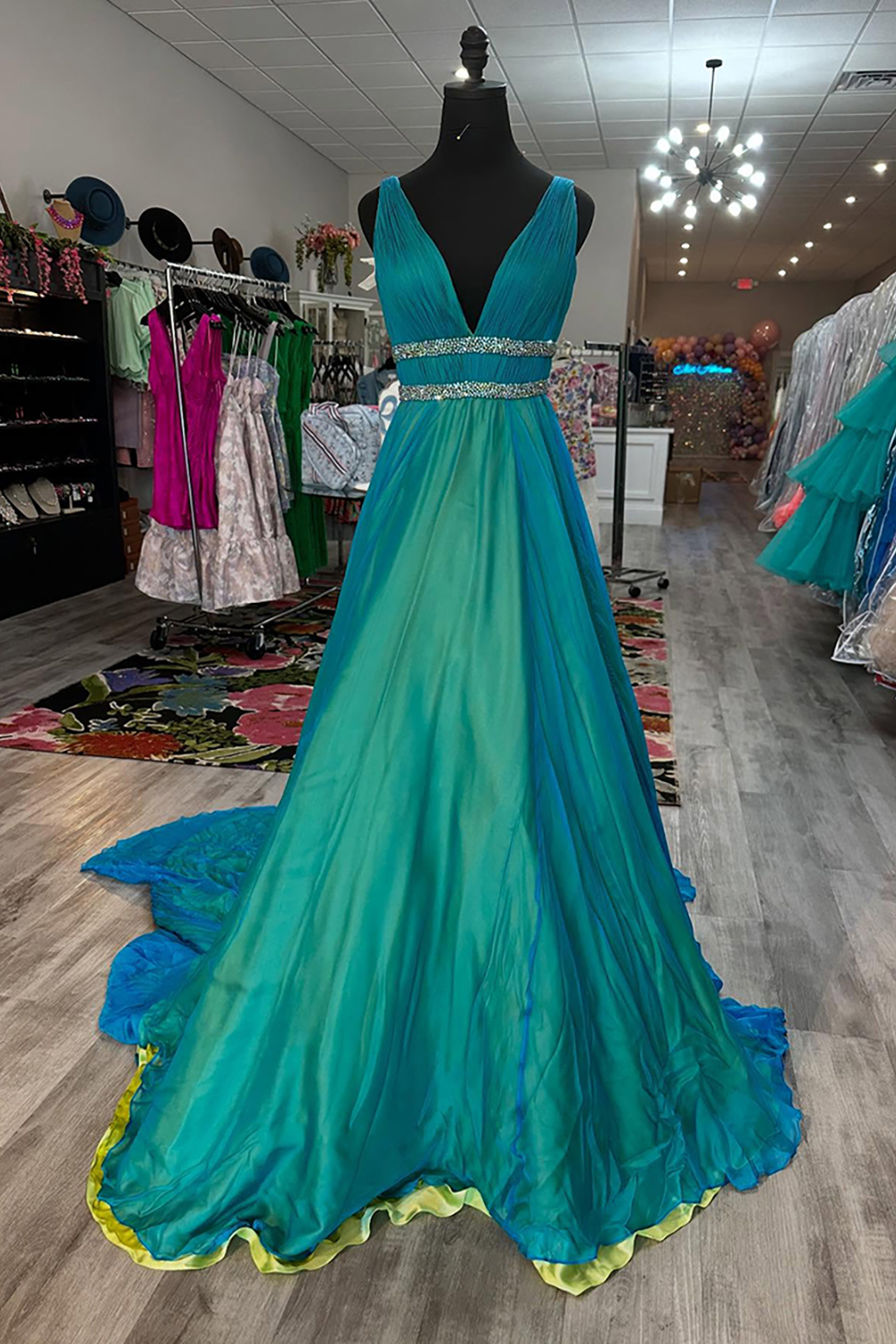 Sparkly Peacock Green Rhinestones V-Neck Long Prom Dress
