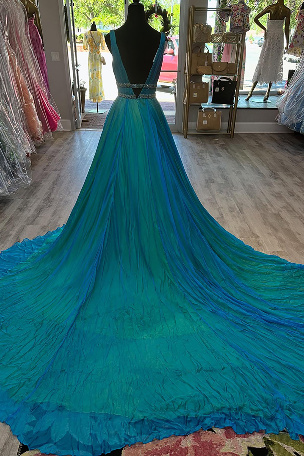 Sparkly Peacock Green Rhinestones V-Neck Long Prom Dress