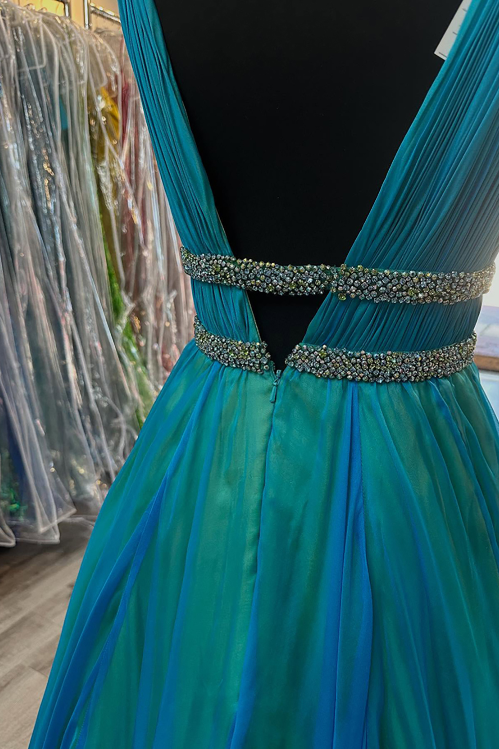 Sparkly Peacock Green Rhinestones V-Neck Long Prom Dress