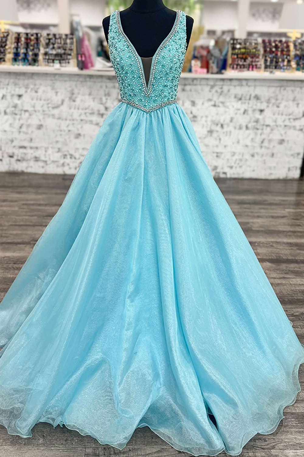 Sparkly Light Blue V-Neck Rhinestones Ball Gown Long Prom Dress