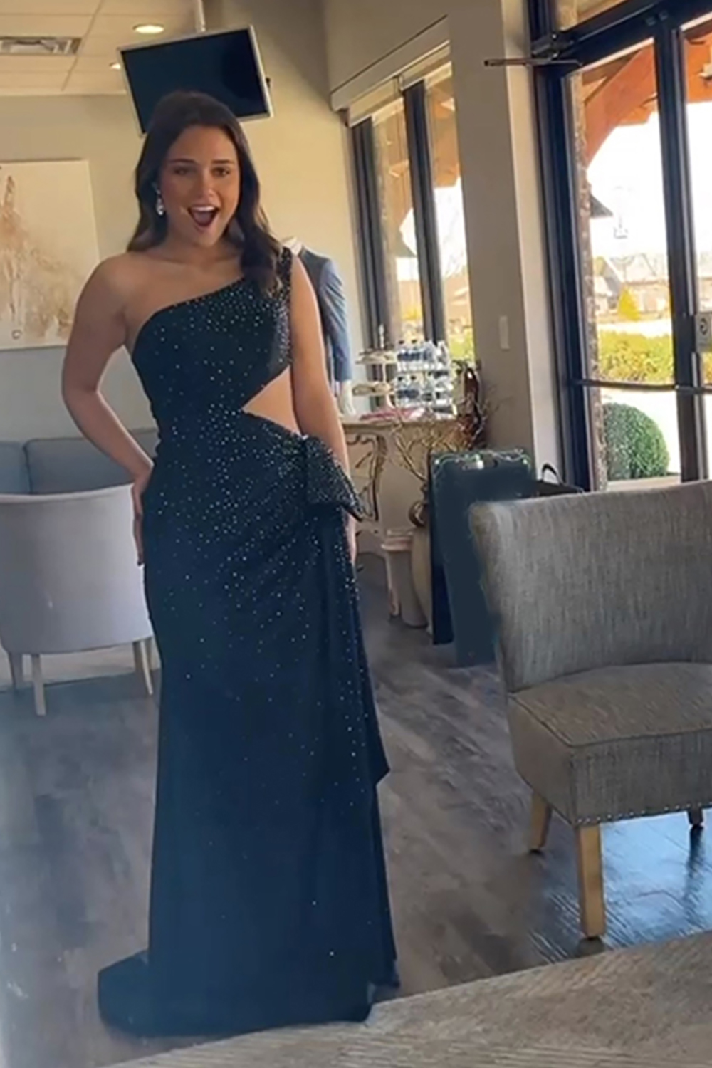 Sparkly Black One Shoulder Cut Out Long Prom Dress with Beading