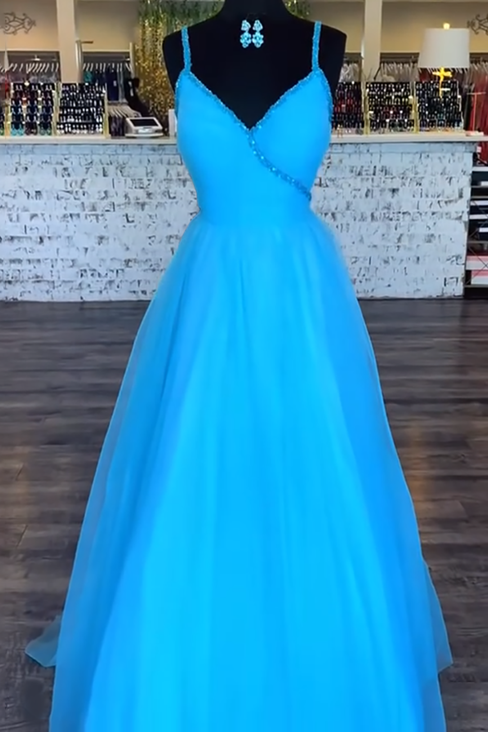 Blue V-Neck Ball Gown Chiffon Long Prom Dress