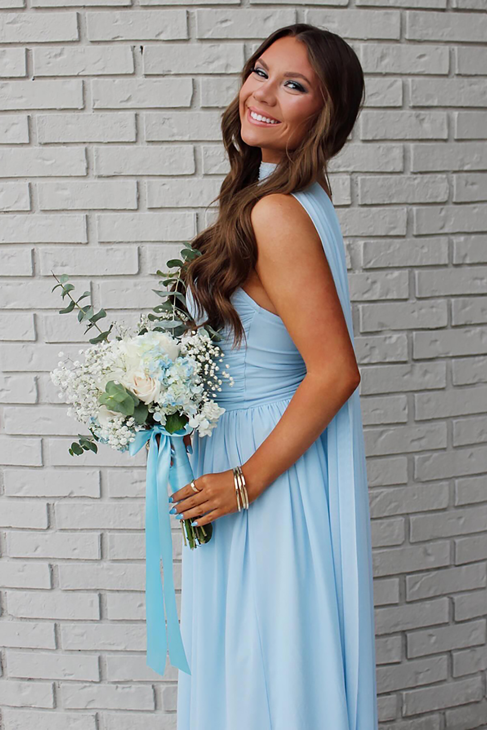Light Blue Strapless Neck Scarf Chiffon Long Prom Dress