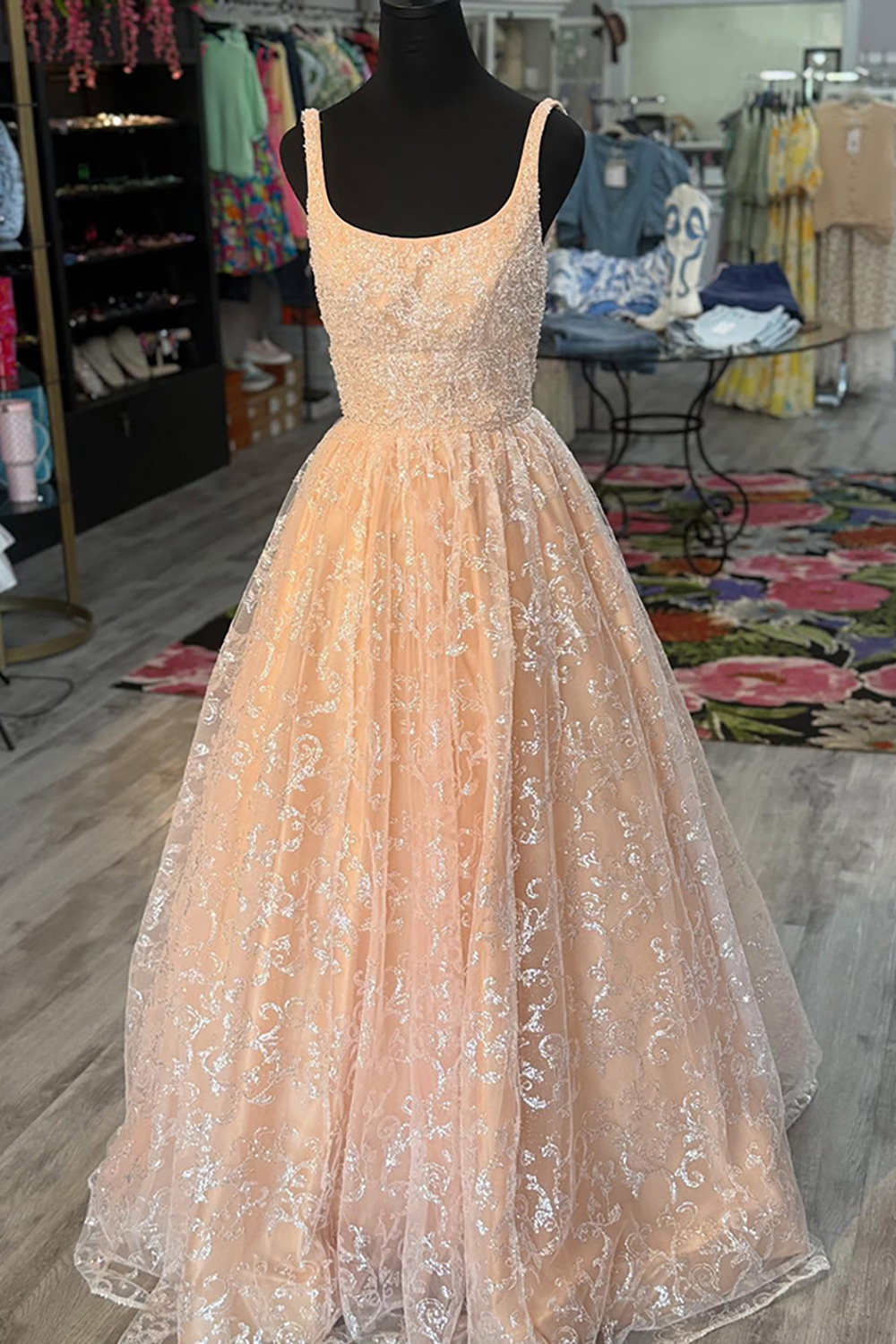 Sparkly Champagne Lace Ball Gown Long Prom Dress