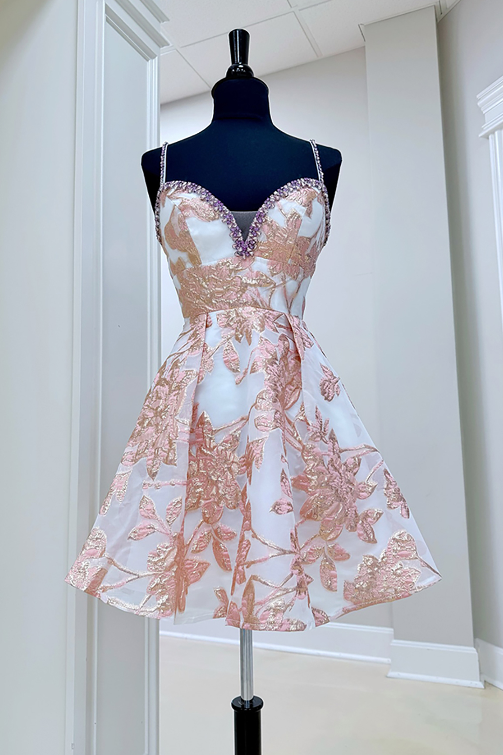 Sparkly Champagne A Line Short Prom Dress with Rhinestones