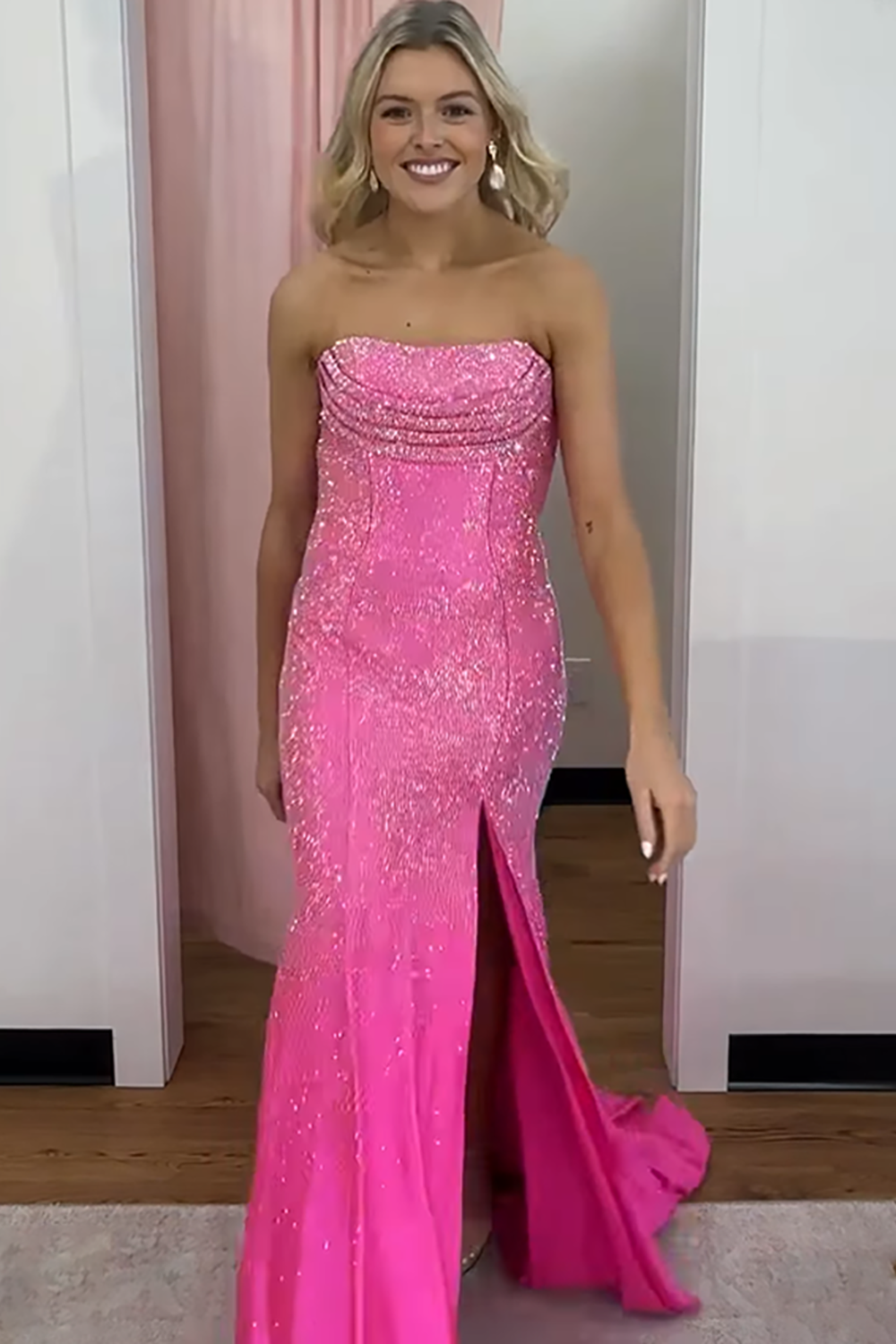 Sparkly Fuchsia Strapless Mermaid Beaded Long Prom Dress with Slit