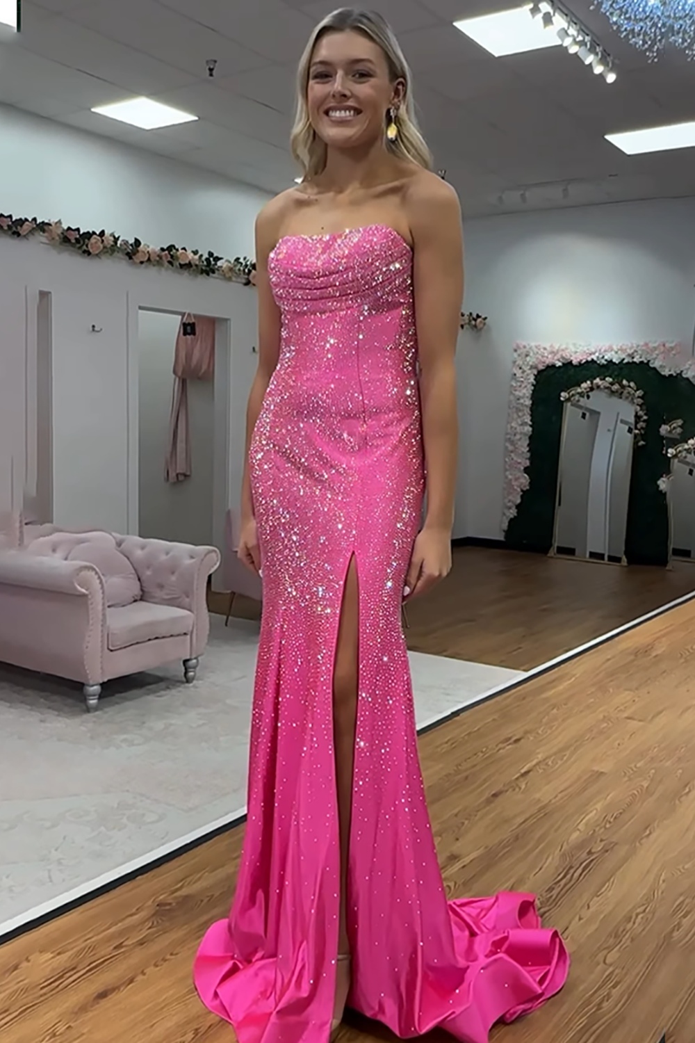 Sparkly Fuchsia Strapless Mermaid Beaded Long Prom Dress with Slit