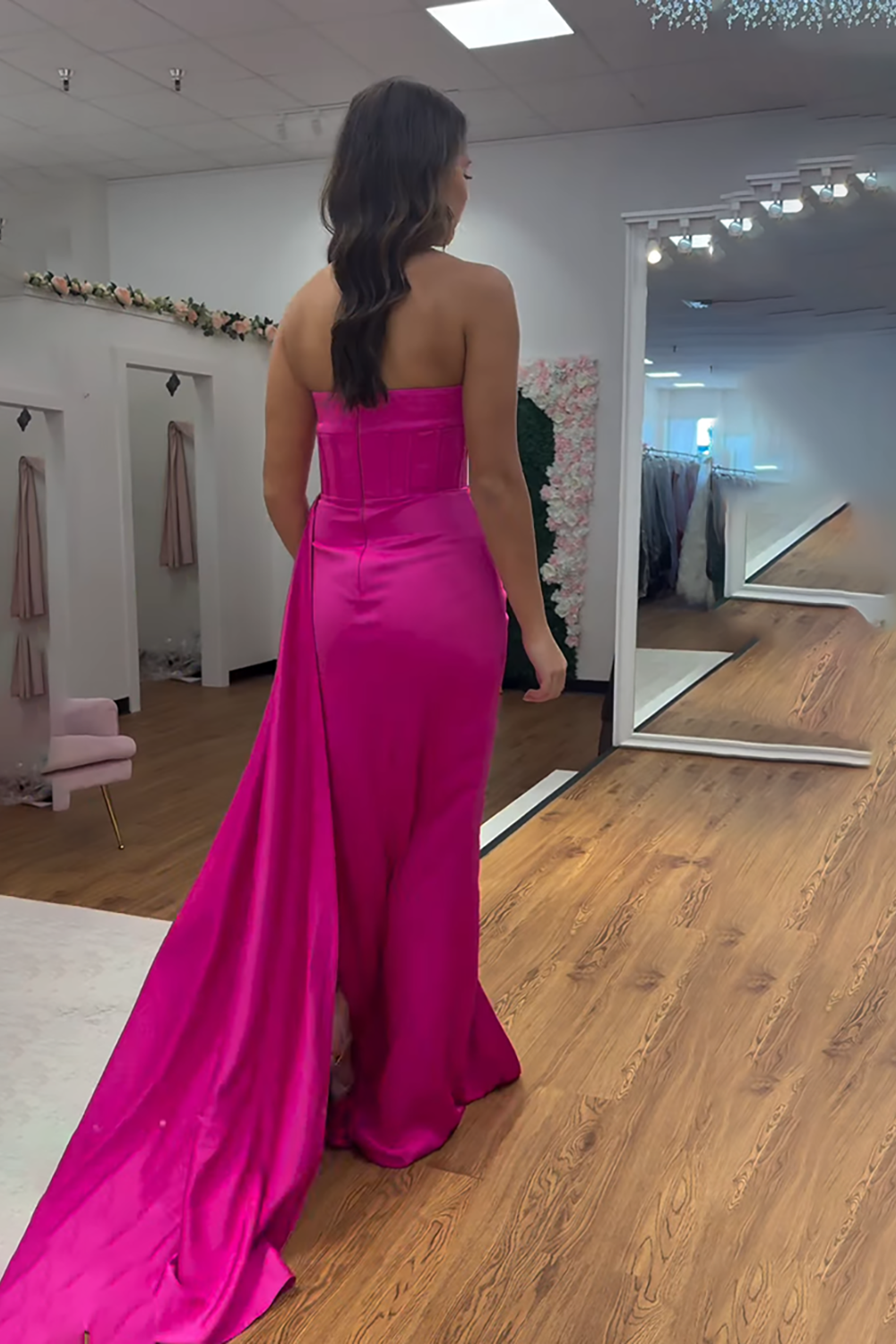 Fuchsia Strapless Mermaid Corset Long Prom Dress with Side Cape