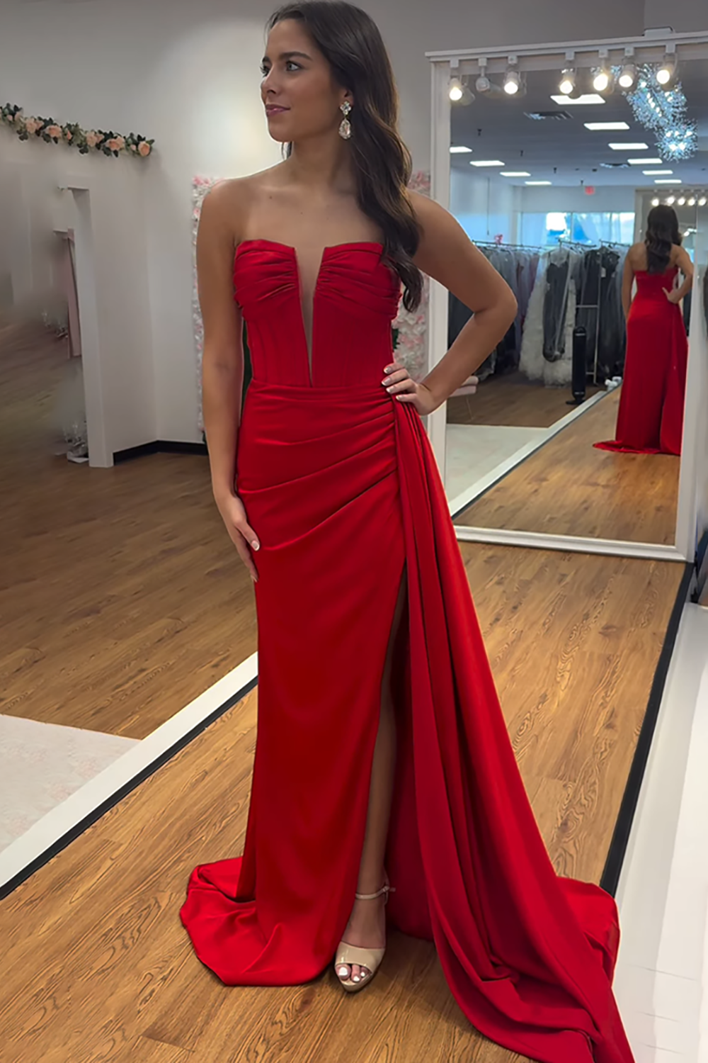 Fuchsia Strapless Mermaid Corset Long Prom Dress with Side Cape