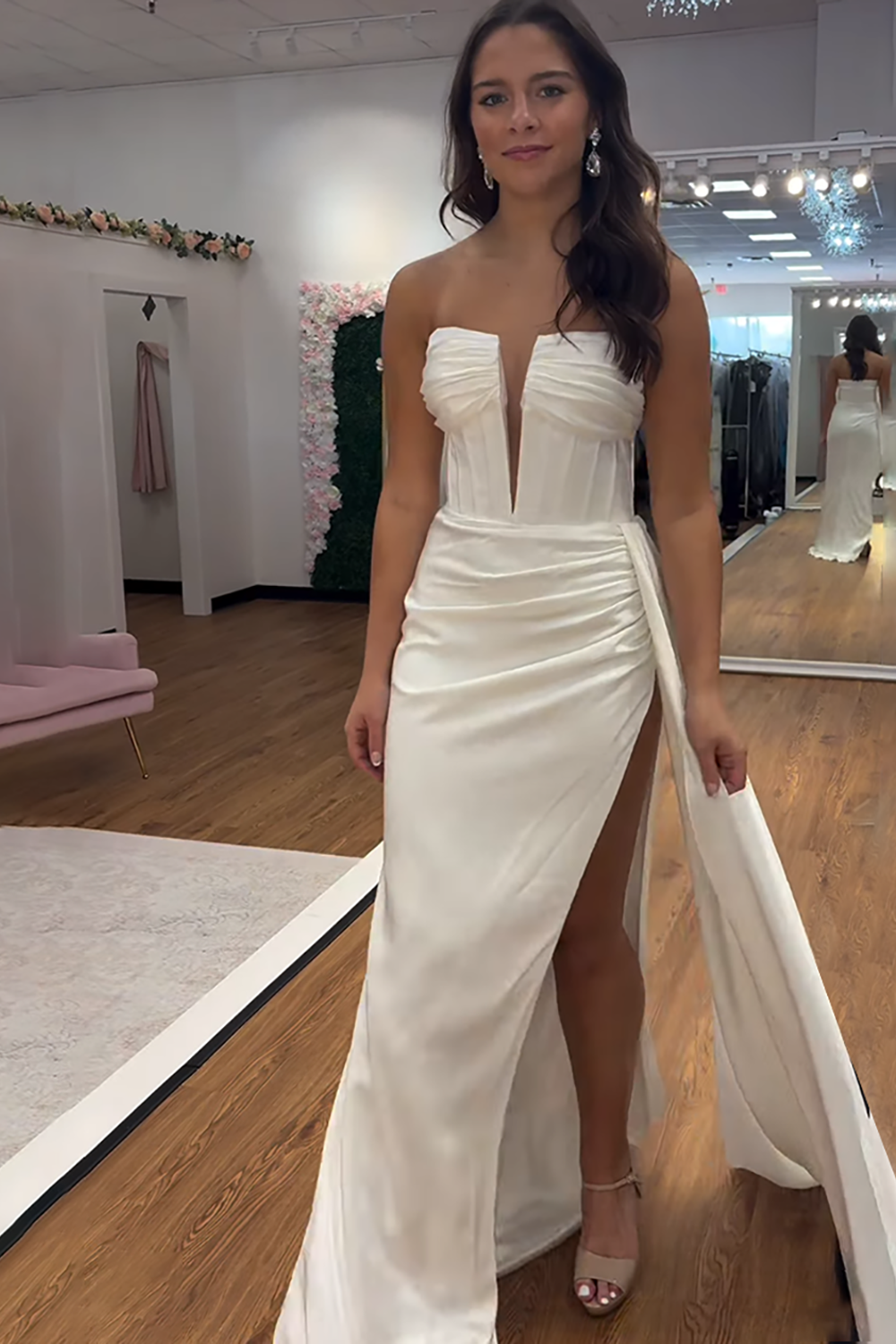 Fuchsia Strapless Mermaid Corset Long Prom Dress with Side Cape