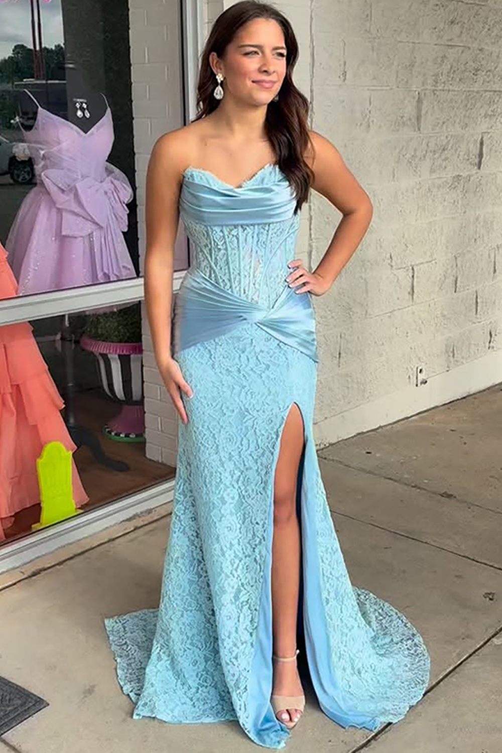 Light Blue Mermaid Corset Sweetheart Long Prom Dress with Slit