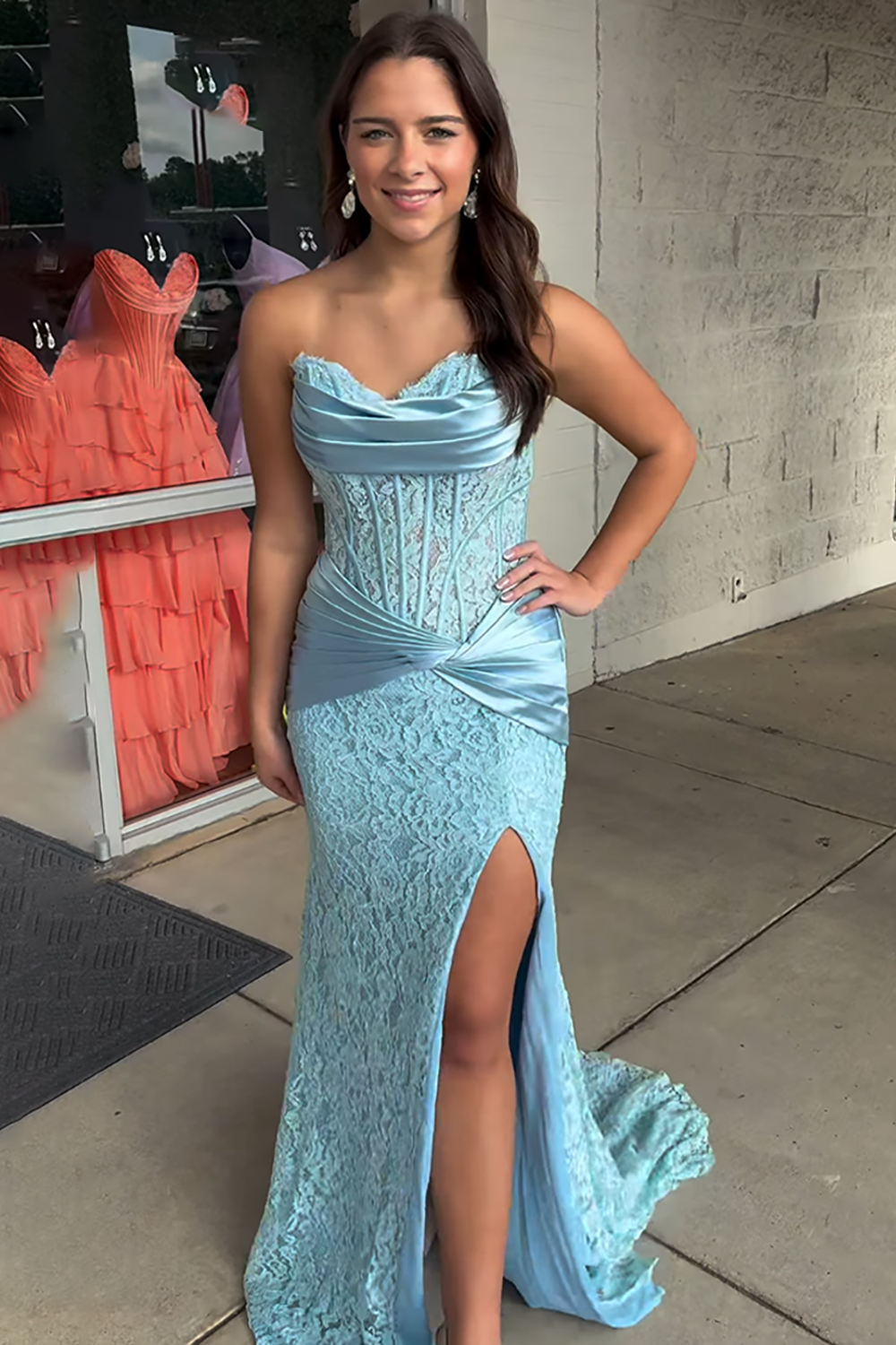 Light Blue Mermaid Corset Sweetheart Long Prom Dress with Slit