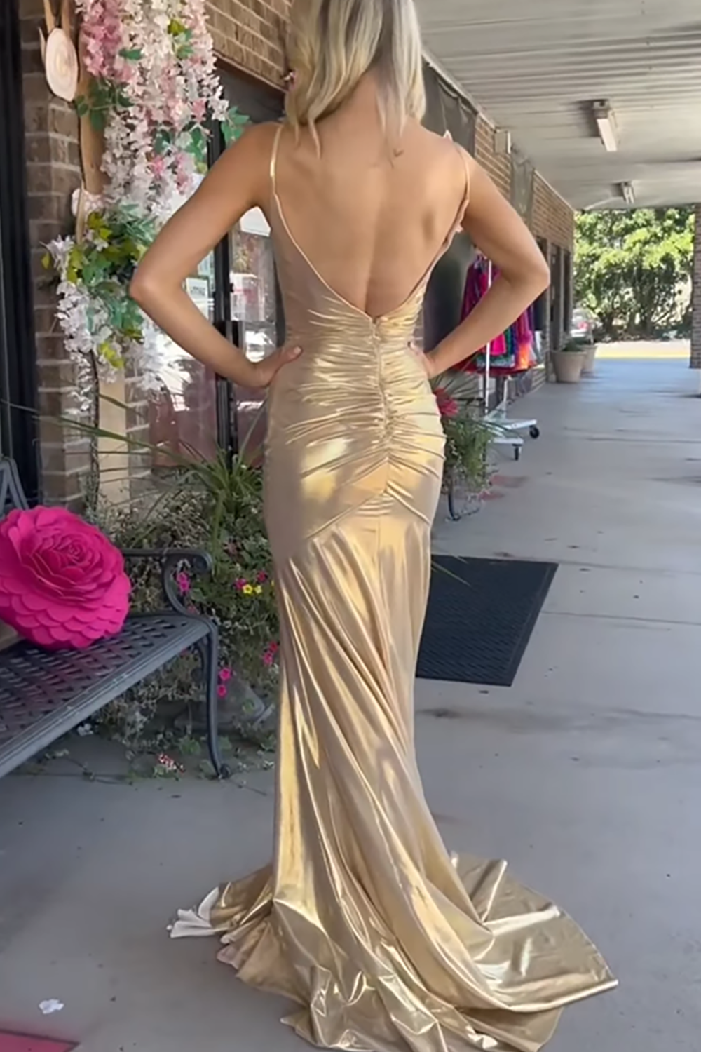 Metallic Gold Pleated Spaghetti Straps Long Mermaid Prom Dress